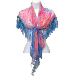 Fringed Scarf Wrap Pink Blue Paisley Boho Cottagecore